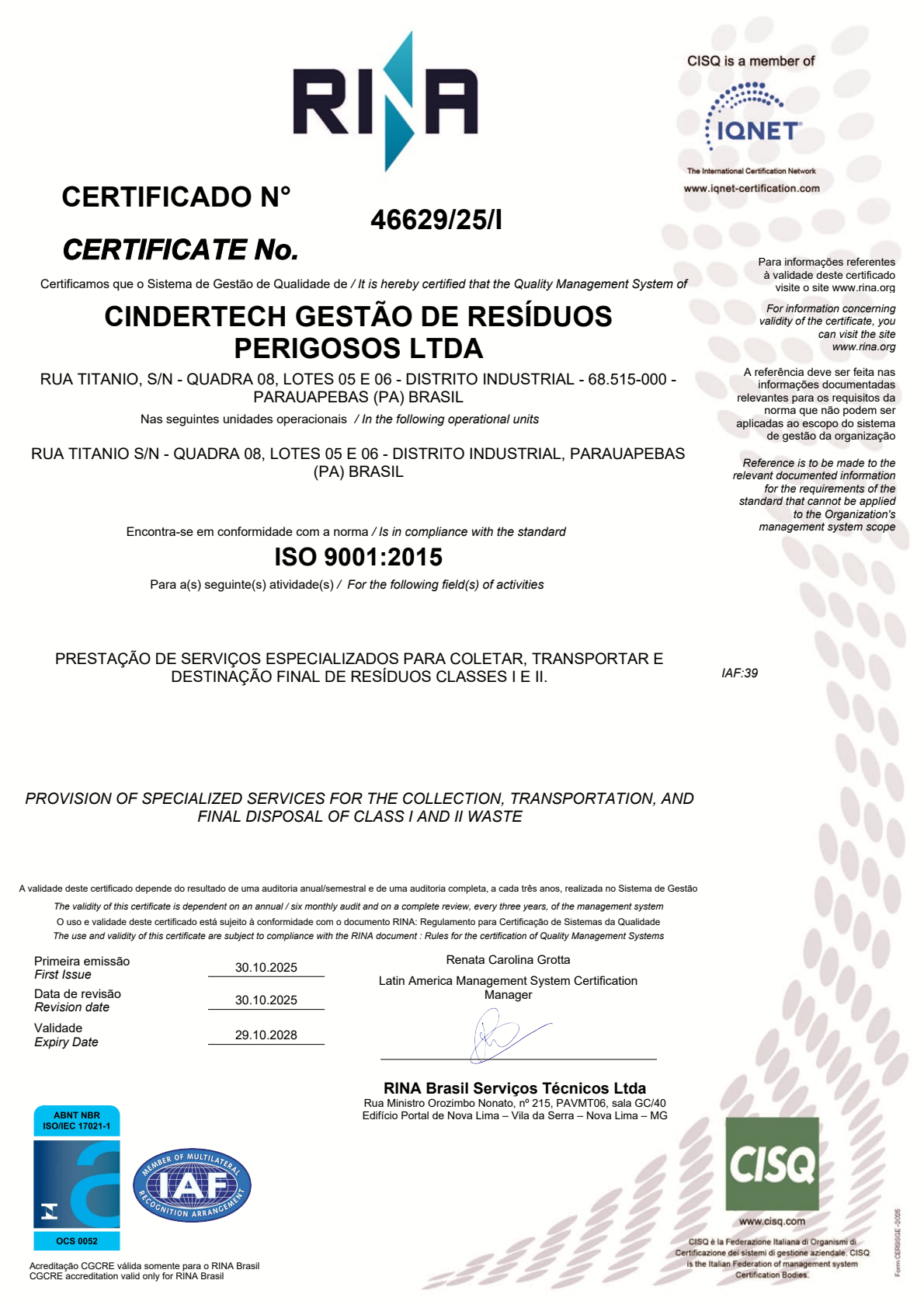 Versão para consulta do certificado ISO 9001:2015 da CINDERTECH